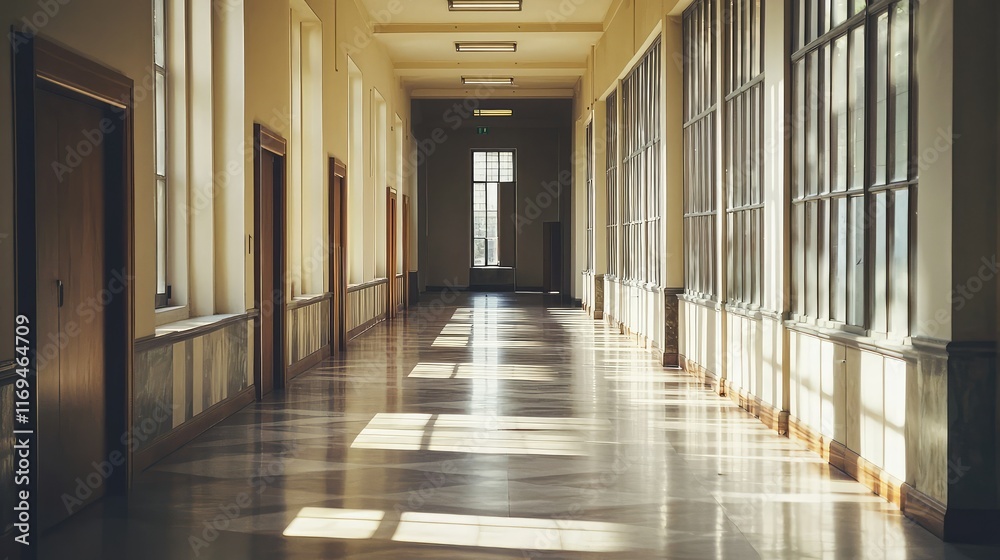 Bright, Quiet Hallway with Large Windows and Wooden Doors Bright, Quiet Hallway with Large Windows and Wooden Doors