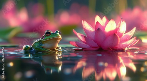 Frog resting beside blooming lotus flower in tranquil pond during sunrise