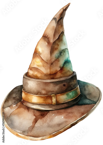 Watercolor witch hat, vintage style, artistic illustration, fantasy theme, creative design, Halloween accessory.