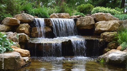 Serene cascading waterfall in a lush garden setting.
