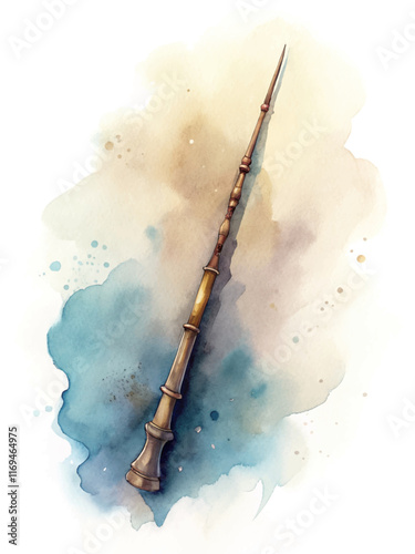 Watercolor illustration, magical wand, soft colors, artistic design, fantasy theme, whimsical style, creative concept.