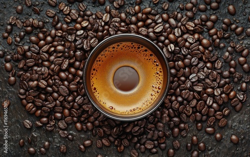 Rich espresso served in a black cup surrounded by roasted coffee beans on a d...