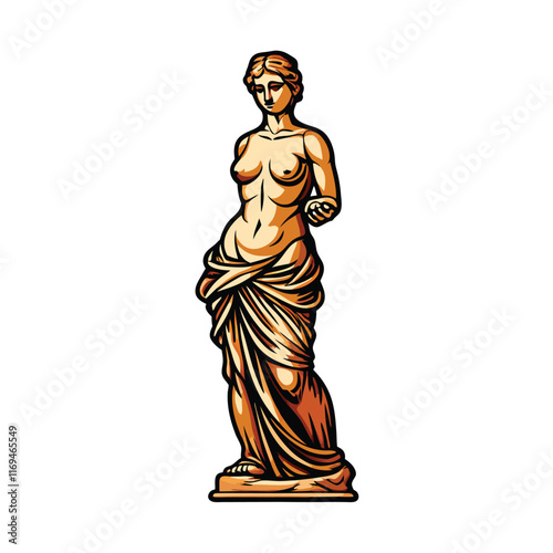 A vector rendering of the Venus de Milo statue in a stylized, high-contrast style, with the figure rendered in a golden hue.