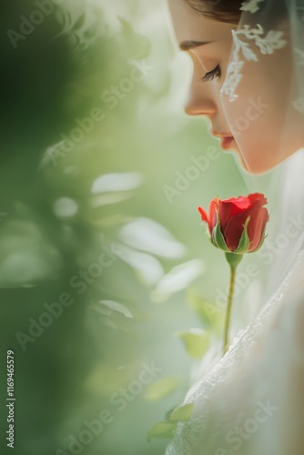 Close-up view of a budding rose in soft morning light against a blurred green...