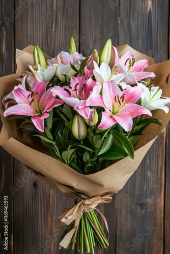 Beautiful bouquet of pink and white lilies wrapped in brown paper on wooden t...