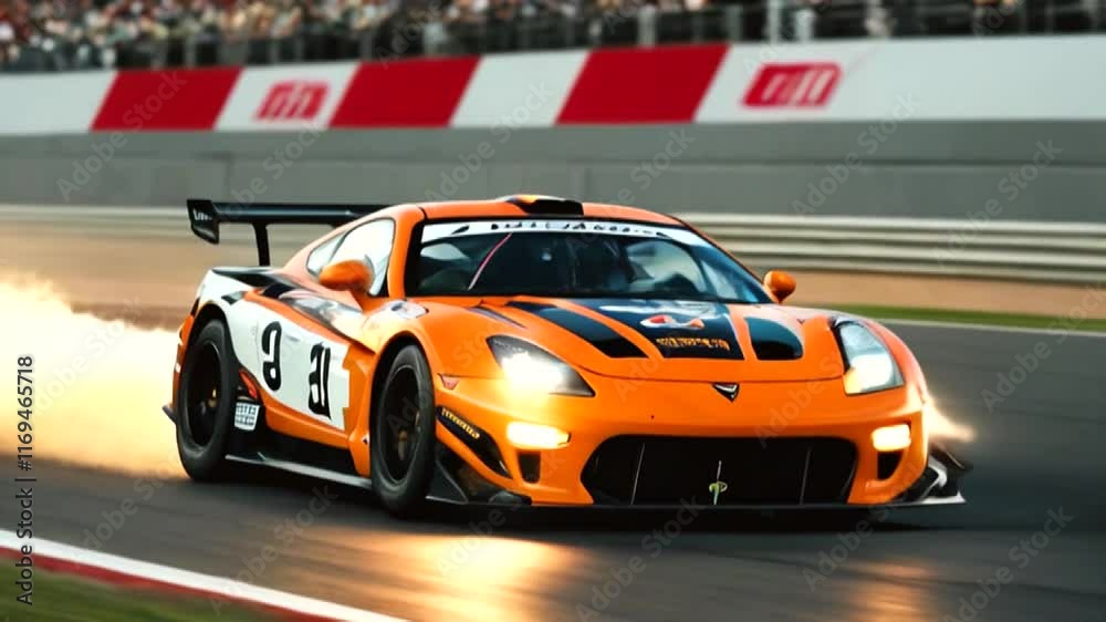 Orange sports car with fire on the back racing on the track generated in video AI
Orange sports car with fire on the back racing on the track generated in video AI