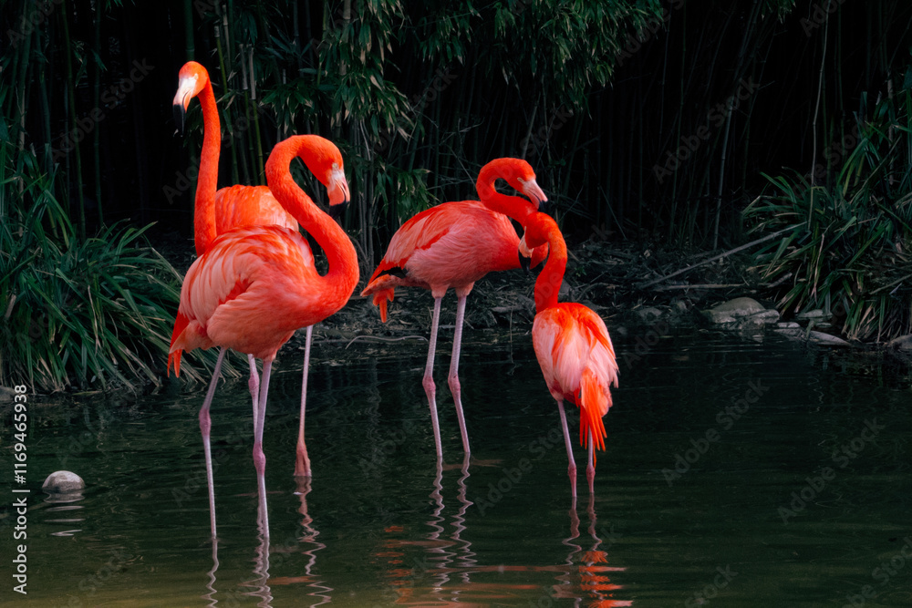 Graceful Pink Flamingos Cleaning Feathers in a Lush Natural Habitat. High quality photo Graceful Pink Flamingos Cleaning Feathers in a Lush Natural Habitat. High quality photo