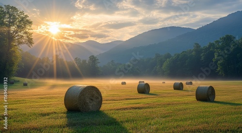 Tranquil rural landscape with hay bales under mountain sunlight in the morning