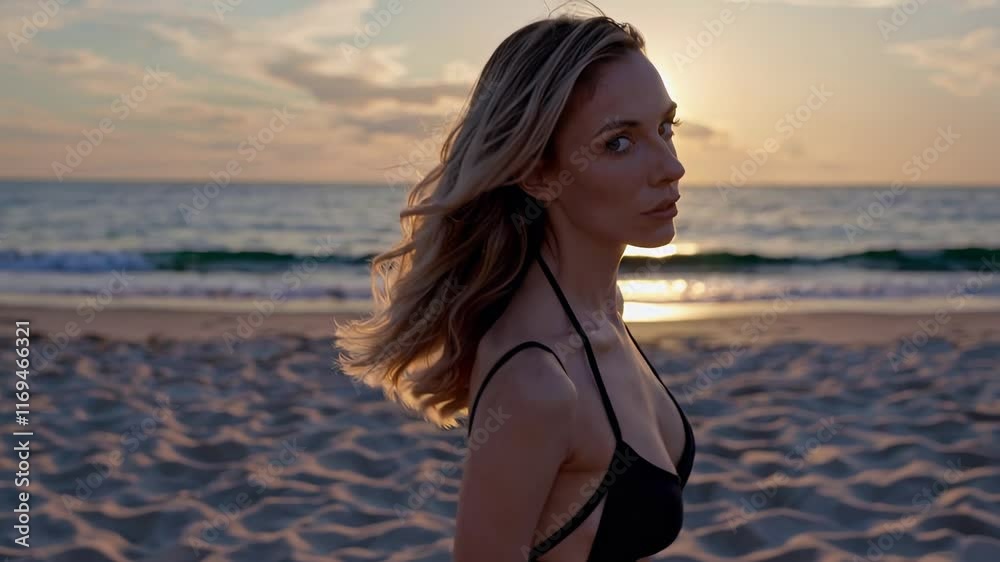 Young Woman Walking on a Beach During Sunset Young Woman Walking on a Beach During Sunset