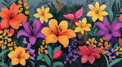 Colorful lilies and leaves create a vibrant floral display in a lush digital ...