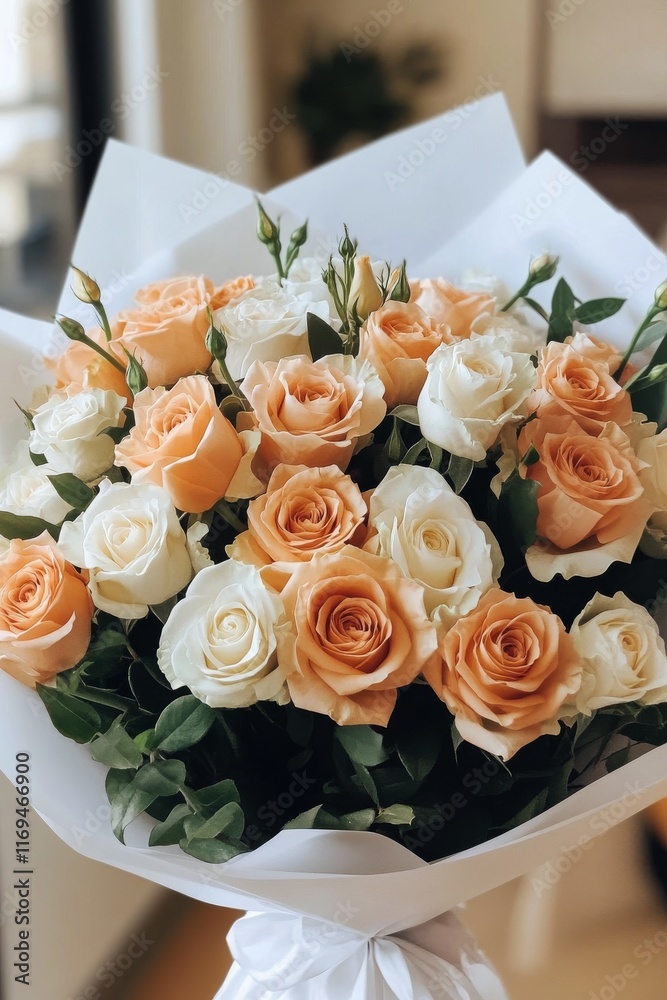 Φωτογραφία Beautiful bouquet of peach and white roses arranged indoors with natural light