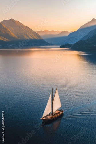 Sailboat gliding peacefully through the calm waters of a serene mountain lake...