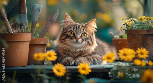 Cat lounging among vibrant flowers and garden tools in a sunny outdoor setting
