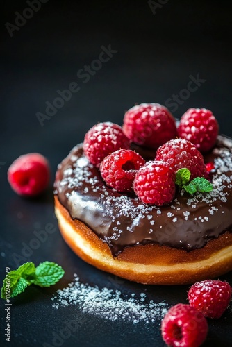Delicious chocolate donut topped with fresh raspberries and mint leaves on a ...