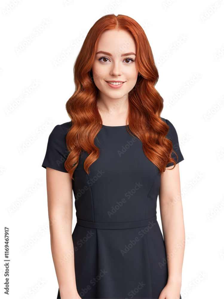 Young woman with wavy red hair and brown eyes, a bright, playful expression. She wears a casual dress. Young woman with wavy red hair and brown eyes, a bright, playful expression. She wears a casual dress.