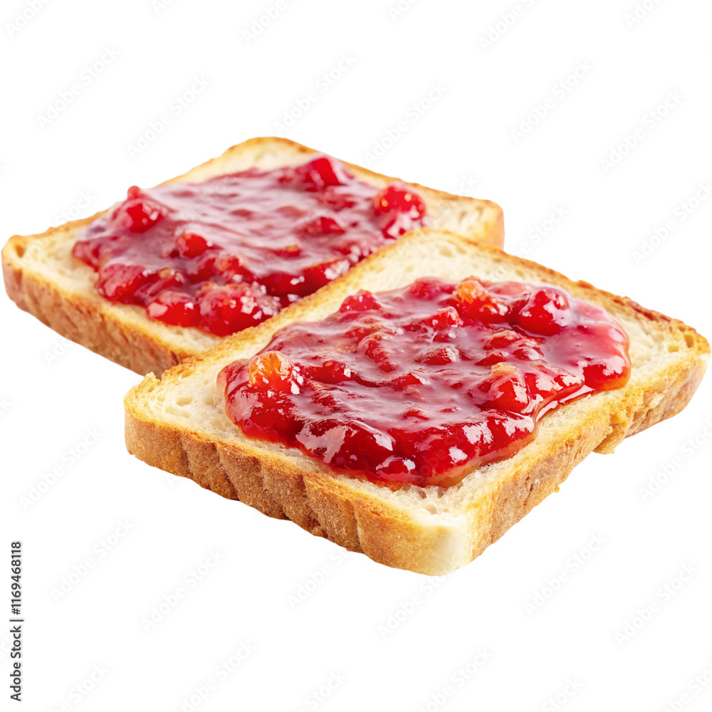 Two slices of toast with strawberry jam spread isolated on transparent background Two slices of toast with strawberry jam spread isolated on transparent background