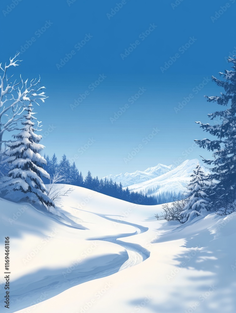 Fototapeta premium Serene Winter Landscape Snow Covered Path Mountains Trees