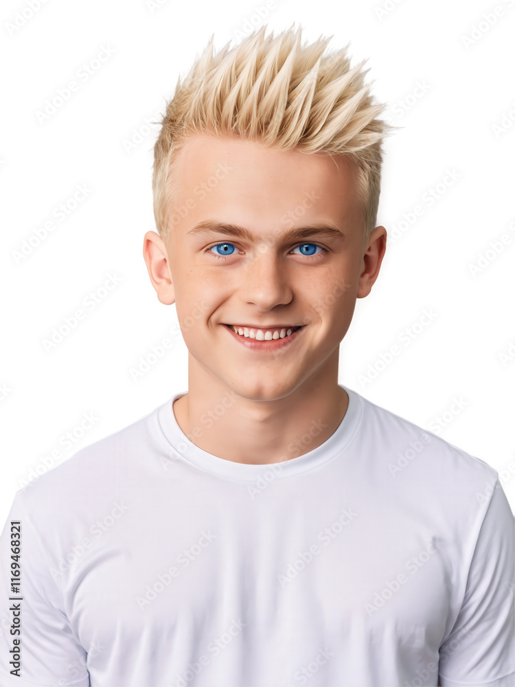 Teenage boy with spiky blonde hair and piercing blue eyes, a relaxed, confident grin. He is wearing a simple t-shirt. Teenage boy with spiky blonde hair and piercing blue eyes, a relaxed, confident grin. He is wearing a simple t-shirt.