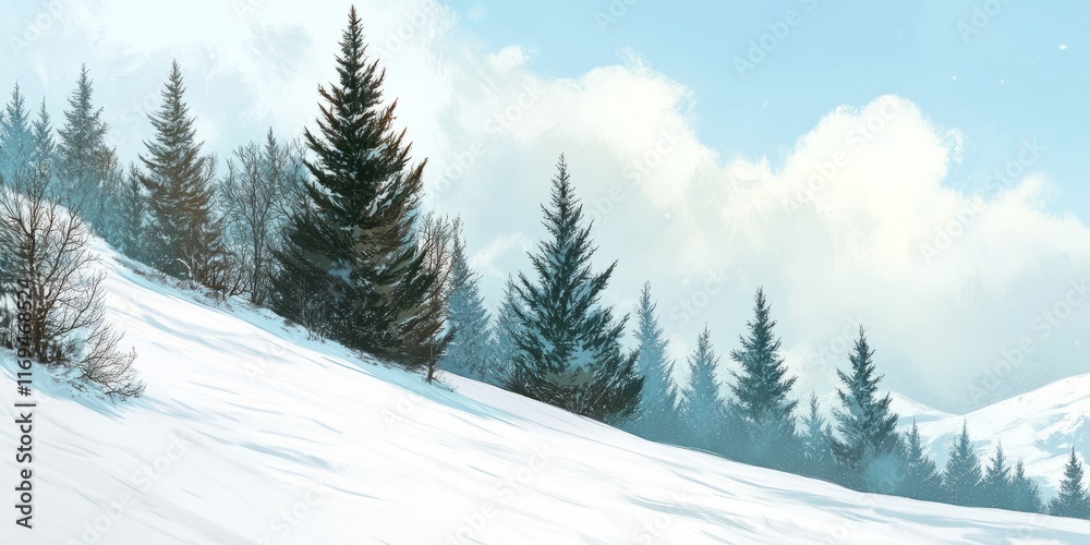Fototapeta premium Snowy Mountain Slope with Evergreen Trees