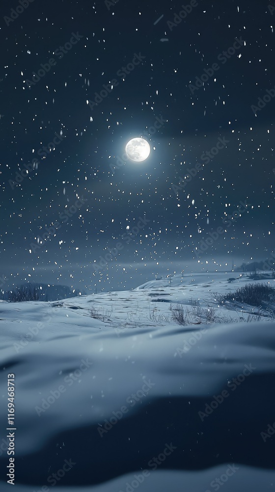 Naklejka premium Serene Winter Landscape Under Moonlight with Falling Snowflakes