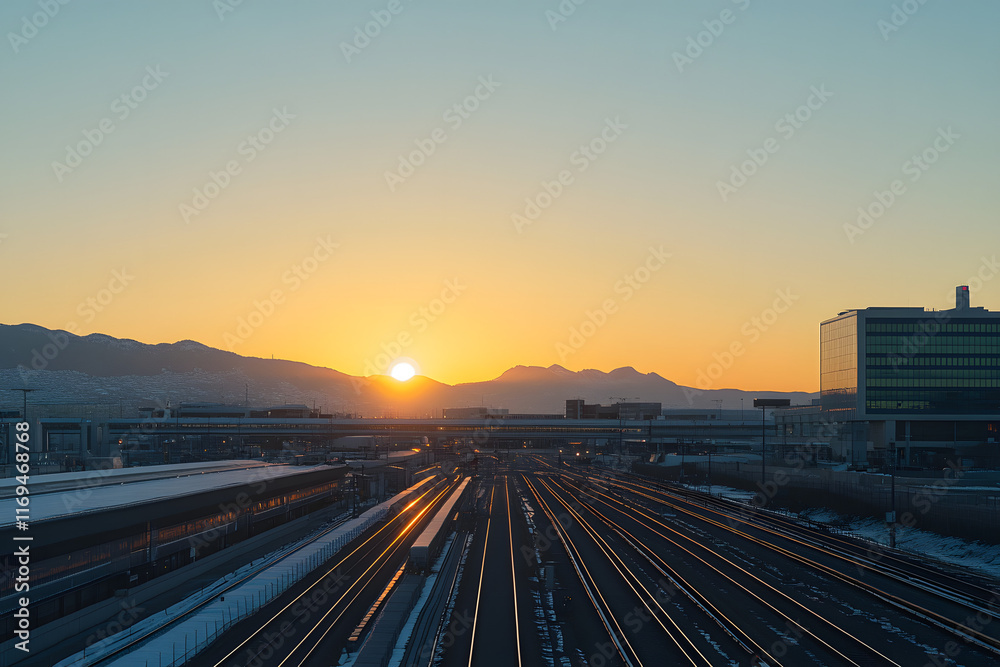 Fototapeta premium sunrise over the railway tracks leading to the airport