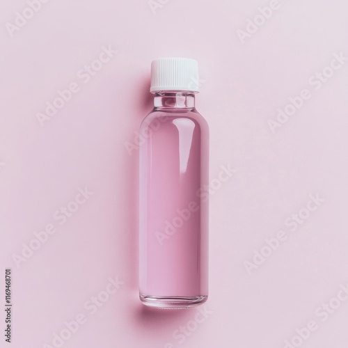 Elegant glass bottle filled with pink liquid on pink and blue background