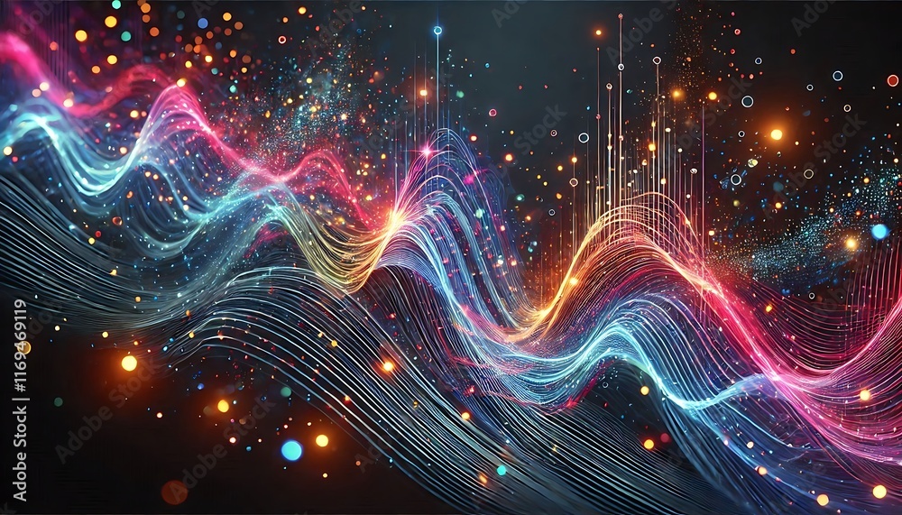 Dynamic waveforms in neon tones with glowing particles on dark backdrop designed using generative AI for banners
