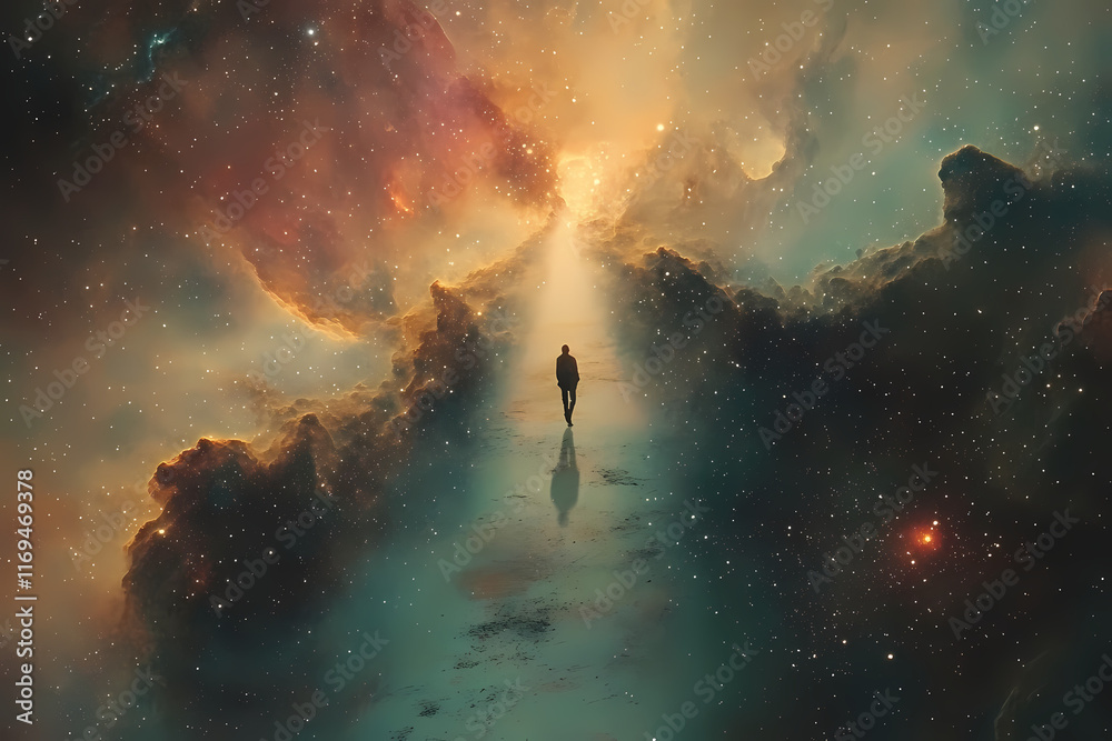 A person walking through the universe, surrounded by stars and nebula