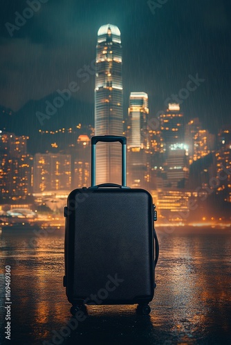 Suitcase silhouette against a vibrant city skyline at sunset reflecting on water