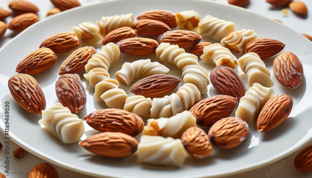 Assorted Marzipan Candies and Almonds Arranged on a Plate for Sweet Temptation Display Assorted Marzipan Candies and Almonds Arranged on a Plate for Sweet Temptation Display