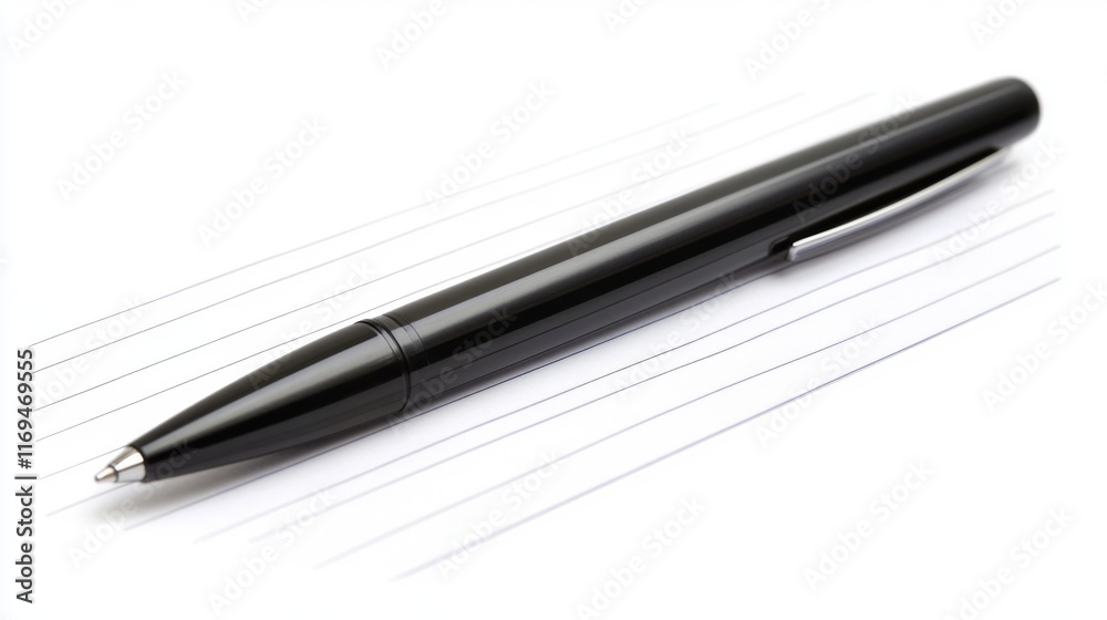 A sleek black pen rests on a lined notebook paper. The simplicity of the pen highlights its purpose. Perfect for writing notes or journaling. Generative AI A sleek black pen rests on a lined notebook paper. The simplicity of the pen highlights its purpose. Perfect for writing notes or journaling. Generative AI