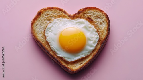Creative breakfast with fried egg in heart-shaped toast on pink background