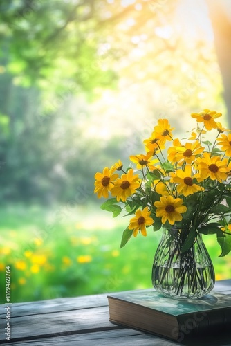 Bright yellow flowers beside an open book in a sunlit park with lush greenery