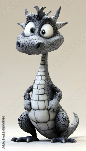 Mischievous dragon with gray scales, 3D cartoon monster style photo