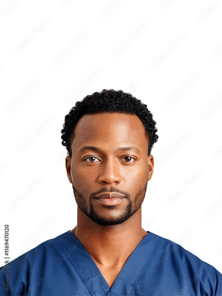 Obraz premium African man aged 30-40 years old, wearing medical uniform, looking neutral without glasses, with curly hair and black hair.