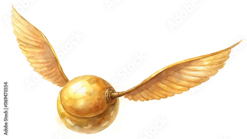 Golden winged ball, whimsical design, fantasy theme, magical object, artistic illustration, vibrant colors, playful style.