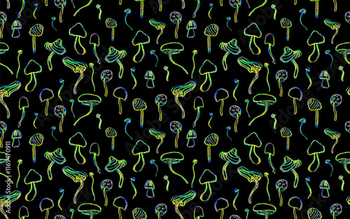 Fantasy mushrooms seamless pattern. Line art funny floral elements. Mushroom sketch wallpaper in 1960s or 1970s style in neon green and yellow. Vector groovy background drawn by crayon pencil.