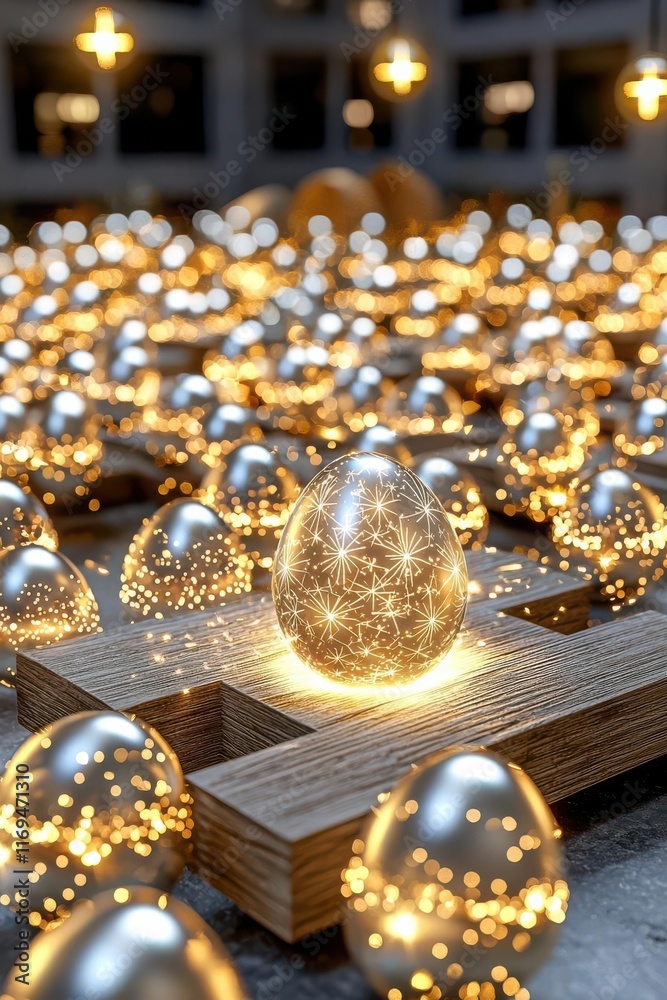 A shimmering display of golden eggs radiating sparkling lights. A shimmering display of golden eggs radiating sparkling lights.