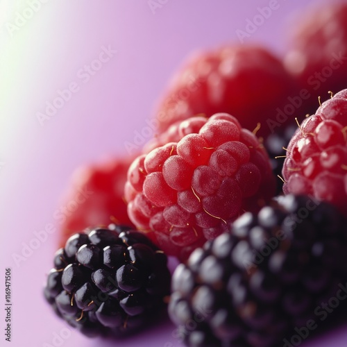 Juicy raspberries and blackberries close-up against a vibrant purple background
