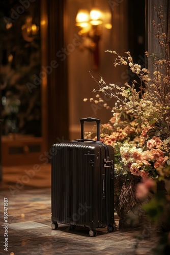 Black suitcase positioned elegantly in a luxurious hotel lobby with floral decor