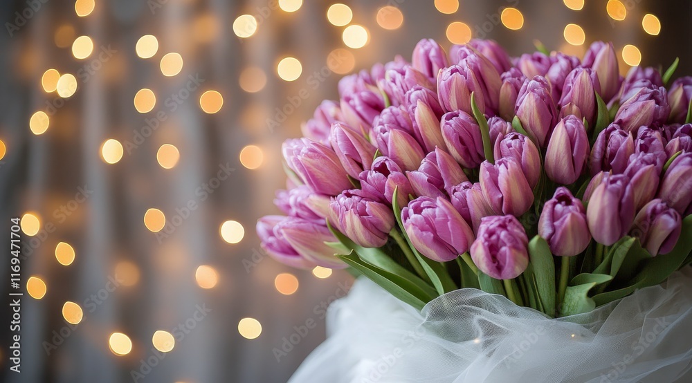 Obraz premium Beautiful bouquet of purple tulips with soft lights in the background during a romantic setting