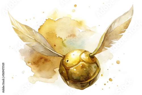 Εκτύπωση καμβά Golden snitch illustration, watercolor style, whimsical design, fantasy theme, artistic splash background