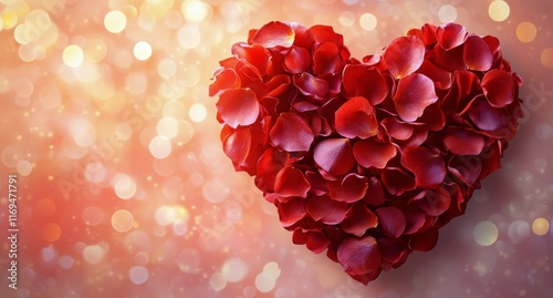 Heart-shaped arrangement of red rose petals creating a romantic atmosphere fo...