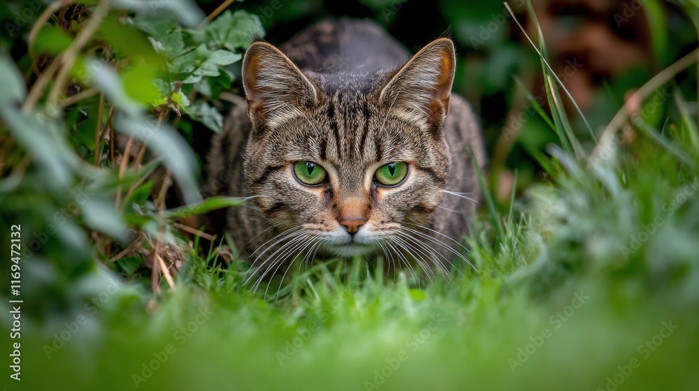 A beautiful cat stealthily crouching in the grass. Its striking green eyes reflect curiosity and focus. Nature and wildlife merge in this captivating moment. Generative AI A beautiful cat stealthily crouching in the grass. Its striking green eyes reflect curiosity and focus. Nature and wildlife merge in this captivating moment. Generative AI