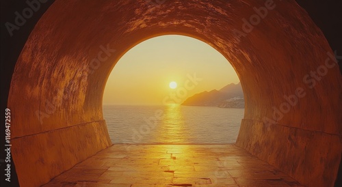 Sunset over the ocean viewed through a circular arch at a serene coastal loca...