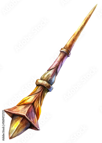 Colorful artistic wand, intricate design, fantasy style, magical prop, vibrant watercolor illustration.