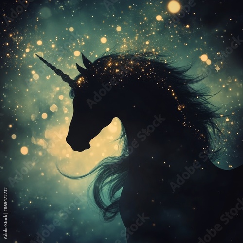 Mystical unicorn silhouette glows in golden light surrounded by sparkling mag...