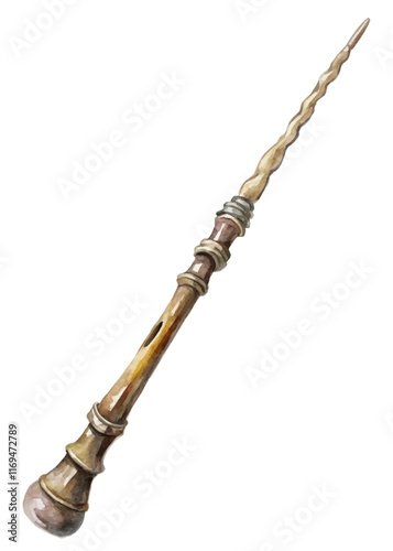 Vintage wooden wand, magical accessory, detailed craftsmanship, fantasy theme, artistic illustration, enchanting design.