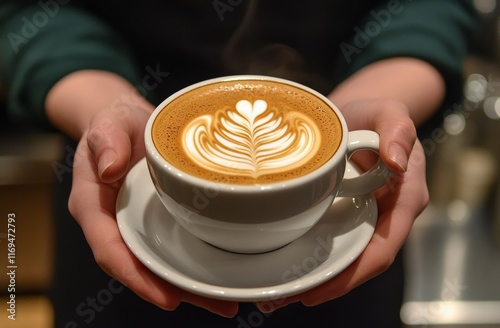 Delicious latte art created by skilled barista in cozy cafe setting with warm...