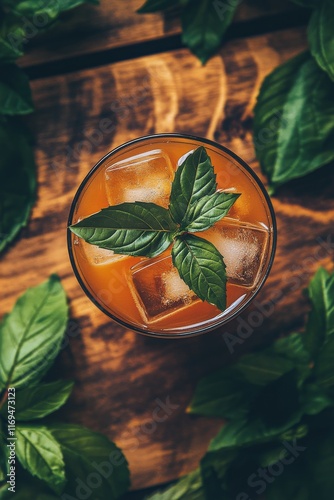 Refreshing drink with ice and fresh leaves on a wooden table top